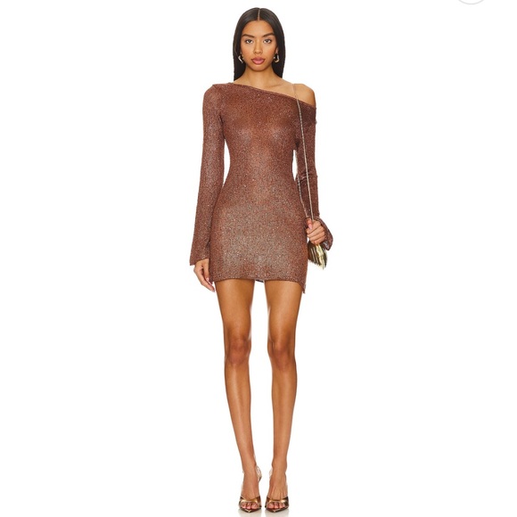 Asta Resort Dresses & Skirts - Asta resort Maya Sleeve Mini Dress - Chocolate Sequin Brown One-Shoulder Dress